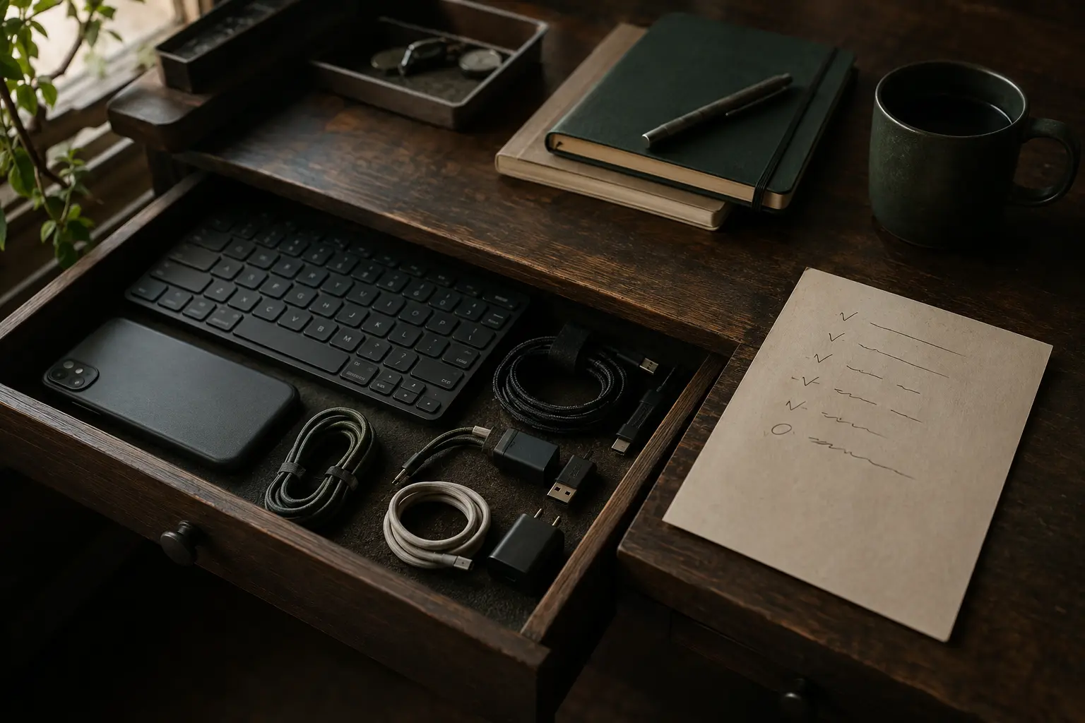 Digital accessories and a paper checklist on a workbench