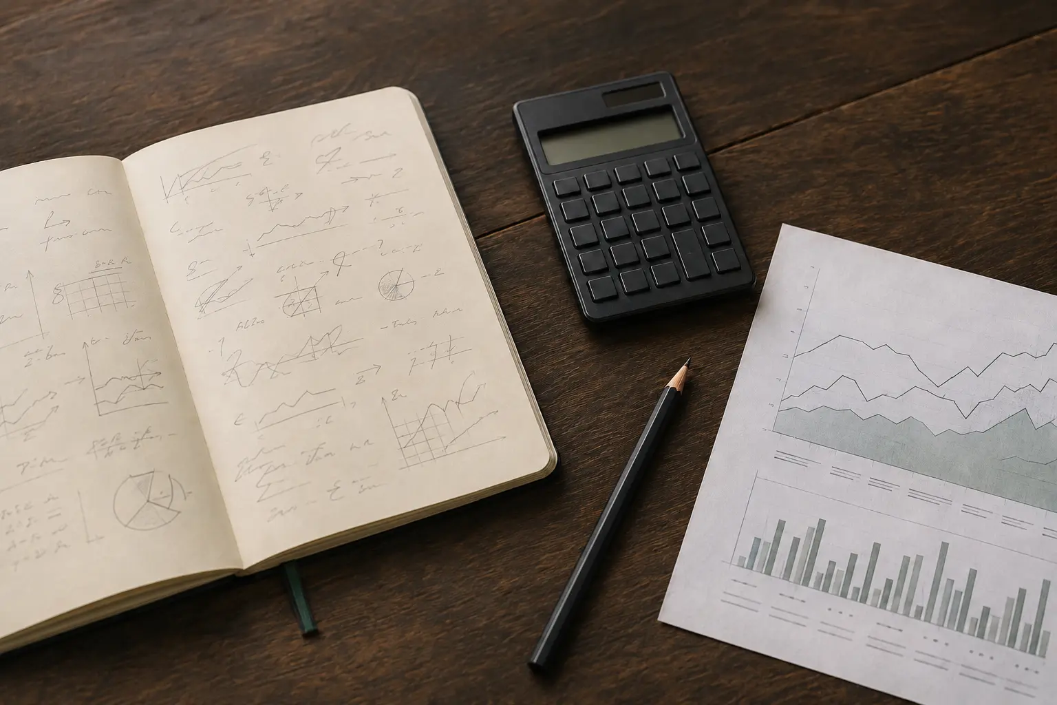 Notebook, pencil and calculator on a dark wooden desk