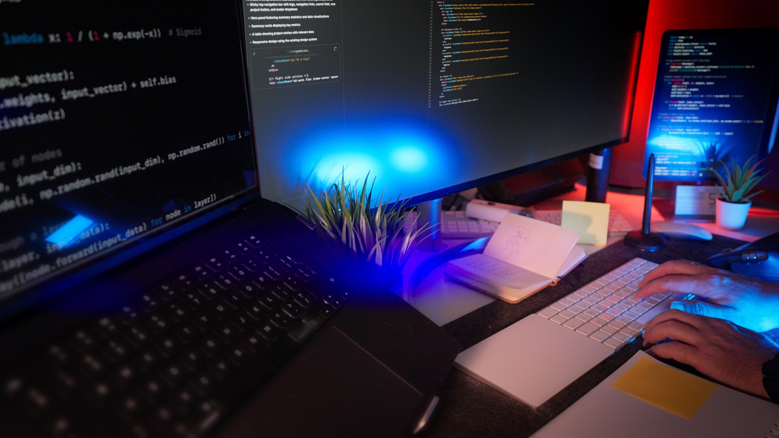 A developer reviewing generated code across several monitors.