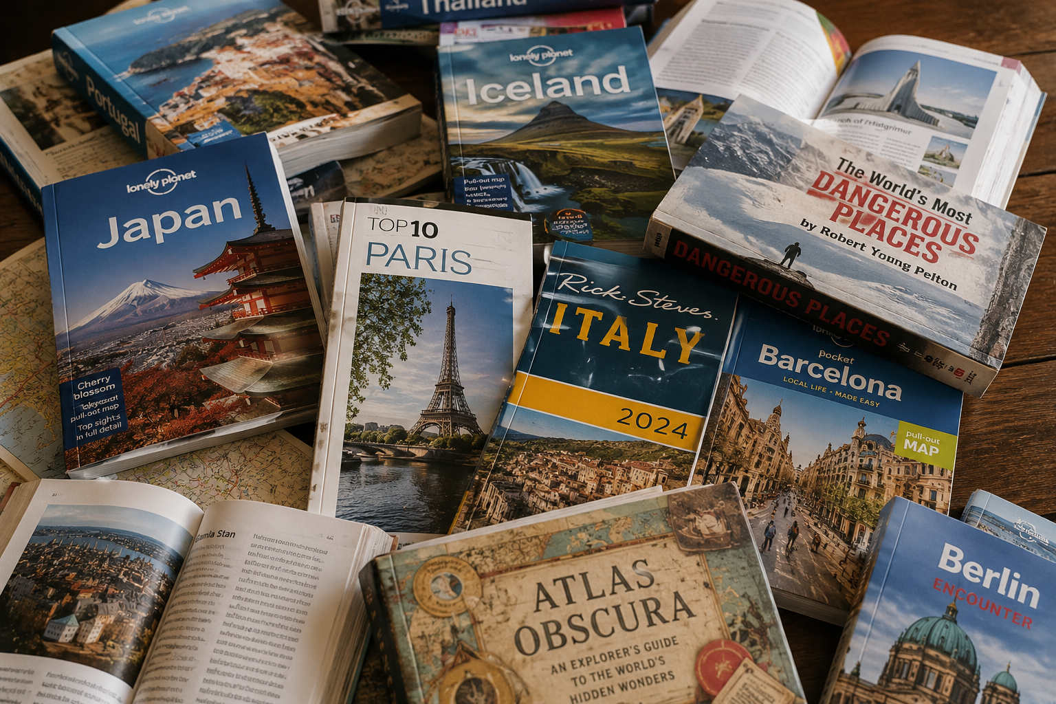 A collection of travel guidebooks, atlases and folded maps scattered across a wooden table, including guides to destinations such as Japan, Iceland, Paris, Italy and Barcelona. The layered arrangement reflects the abundance, overlap and variety of modern travel information.