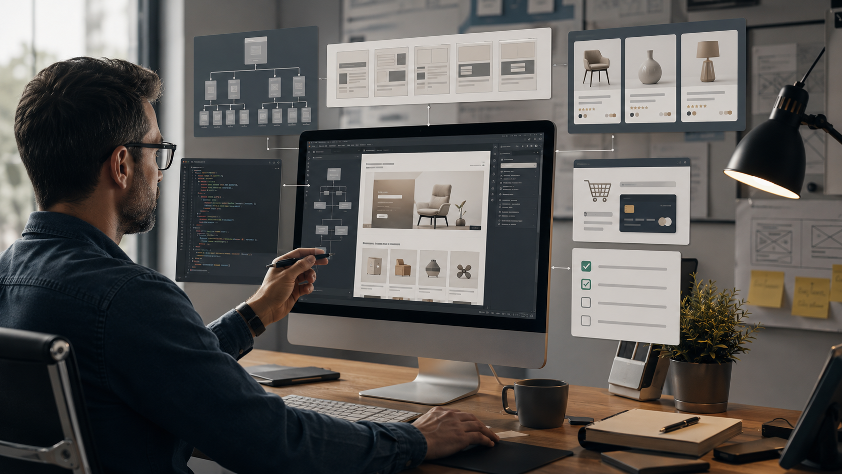 A sophisticated editorial illustration of a human operator directing an AI-assisted website-building workflow. The scene shows a desktop interface with a sitemap, modular page components, code panels, ecommerce elements and testing checklists arranged around a clear central structure. The human remains visibly in control, reviewing and guiding the system rather than watching it build autonomously. Professional, realistic and restrained, with a modern digital-agency aesthetic, subtle depth, clean composition and no futuristic robots, glowing brains, generic stock-photo handshakes or visible text.